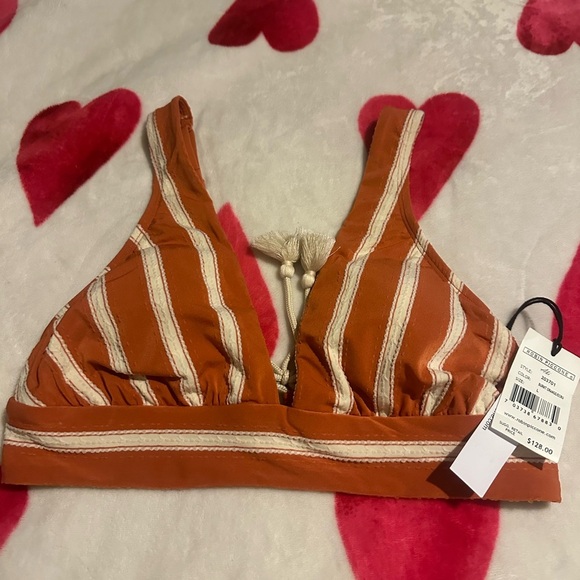 NWT ROBIN PICCONE Abi Bikini Top Striped Tie Back in Burnt Oranges/Ecru - Picture 11 of 11